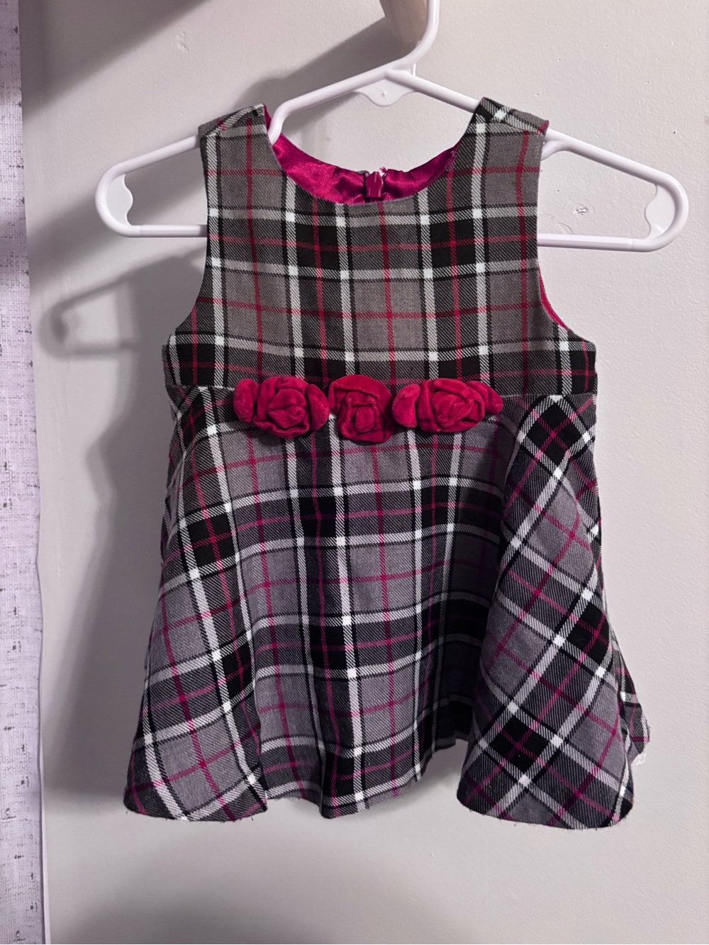 The Children's Place Gray and Red Plaid Sleeveless Dress with Rosette Trim